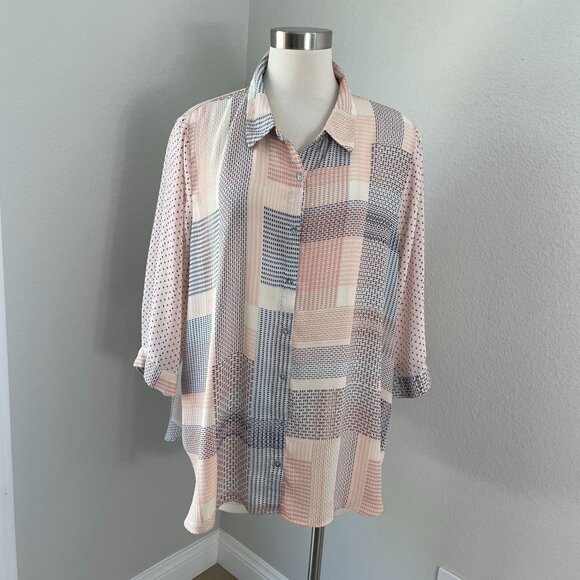 Rose+Olive Womens Plus 2X Button Up Blouse Patchwork Pattern 3/4 Sleeve Shirt - Picture 1 of 10